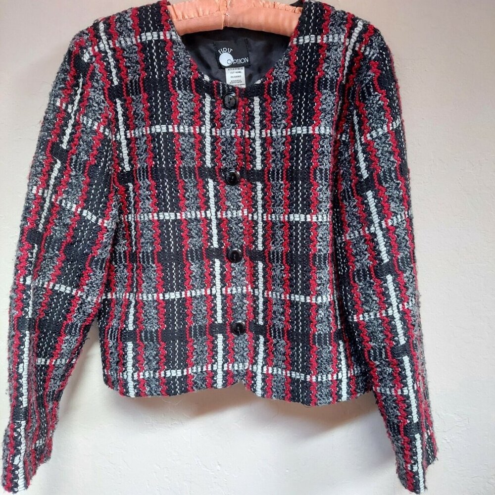 First Option Womens Medium Gray Red Plaid Button Down Crop Blazer Jacket Lined